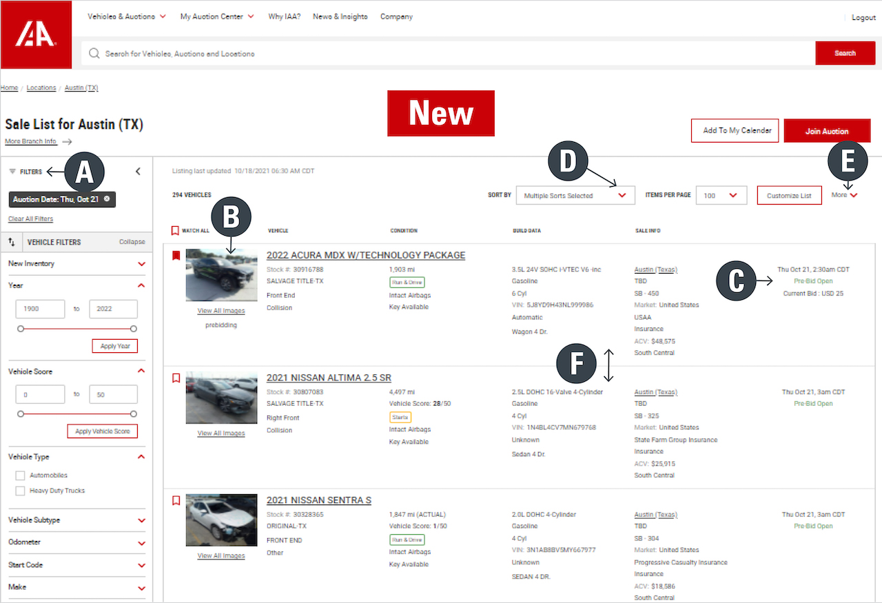 IAA Sale List Page - New Features & Enhancements