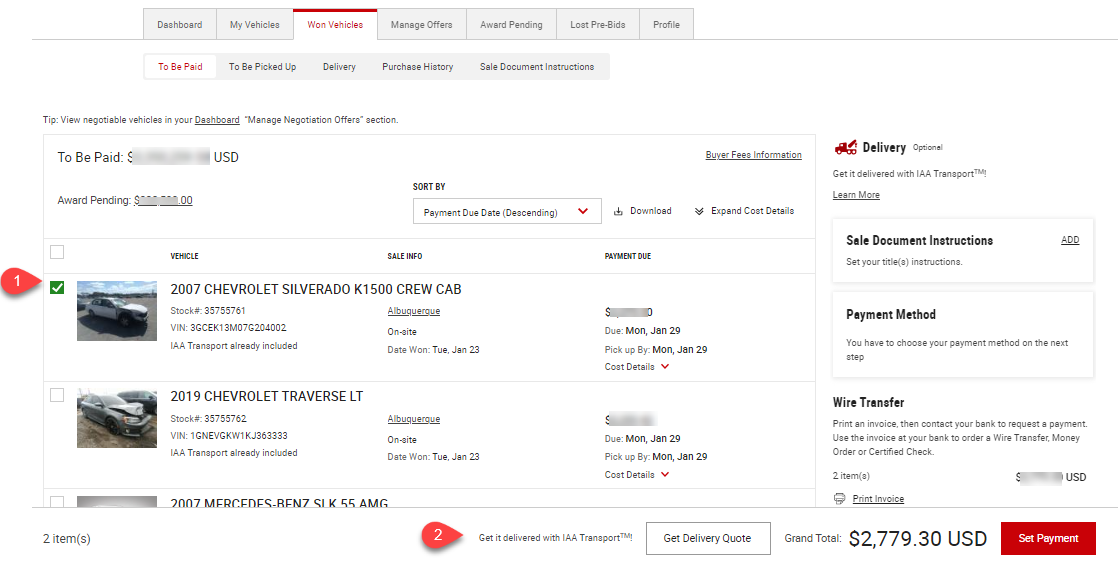 How do I pay for my vehicle(s) and/or IAA Transport™ services inperson