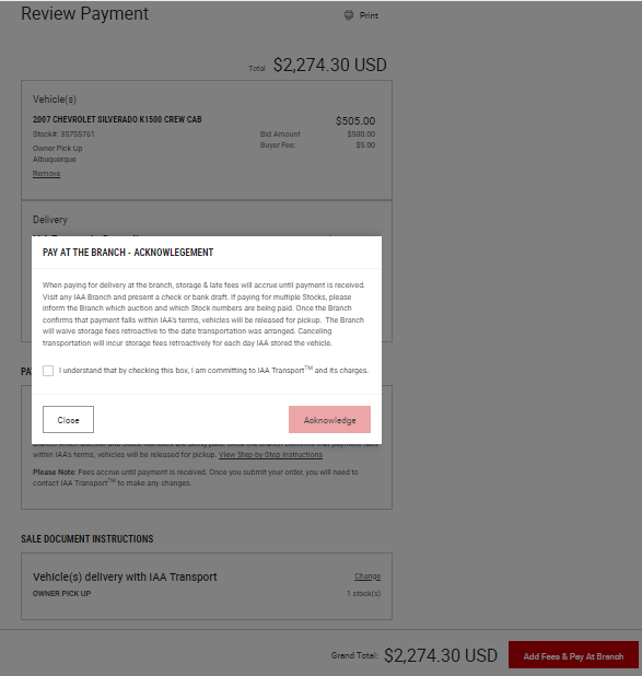 How do I pay for my vehicle(s) and/or IAA Transport™ services inperson